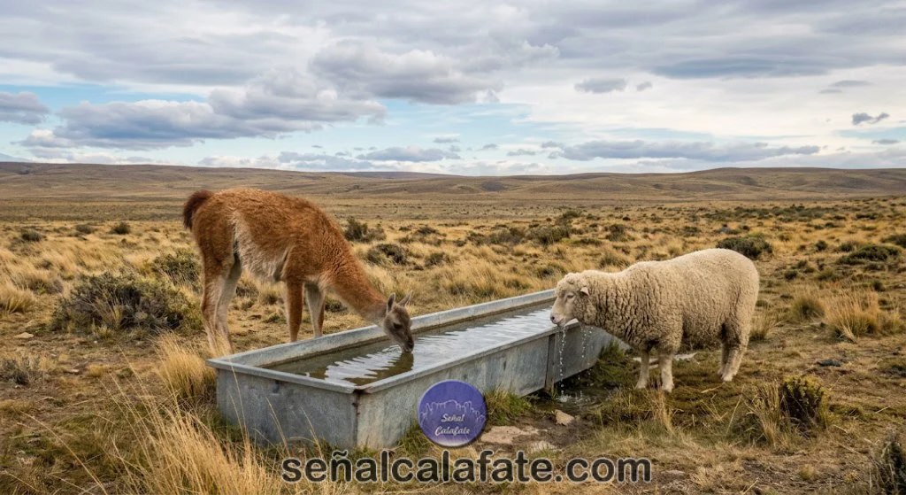guanaco y ooveja tomando agua